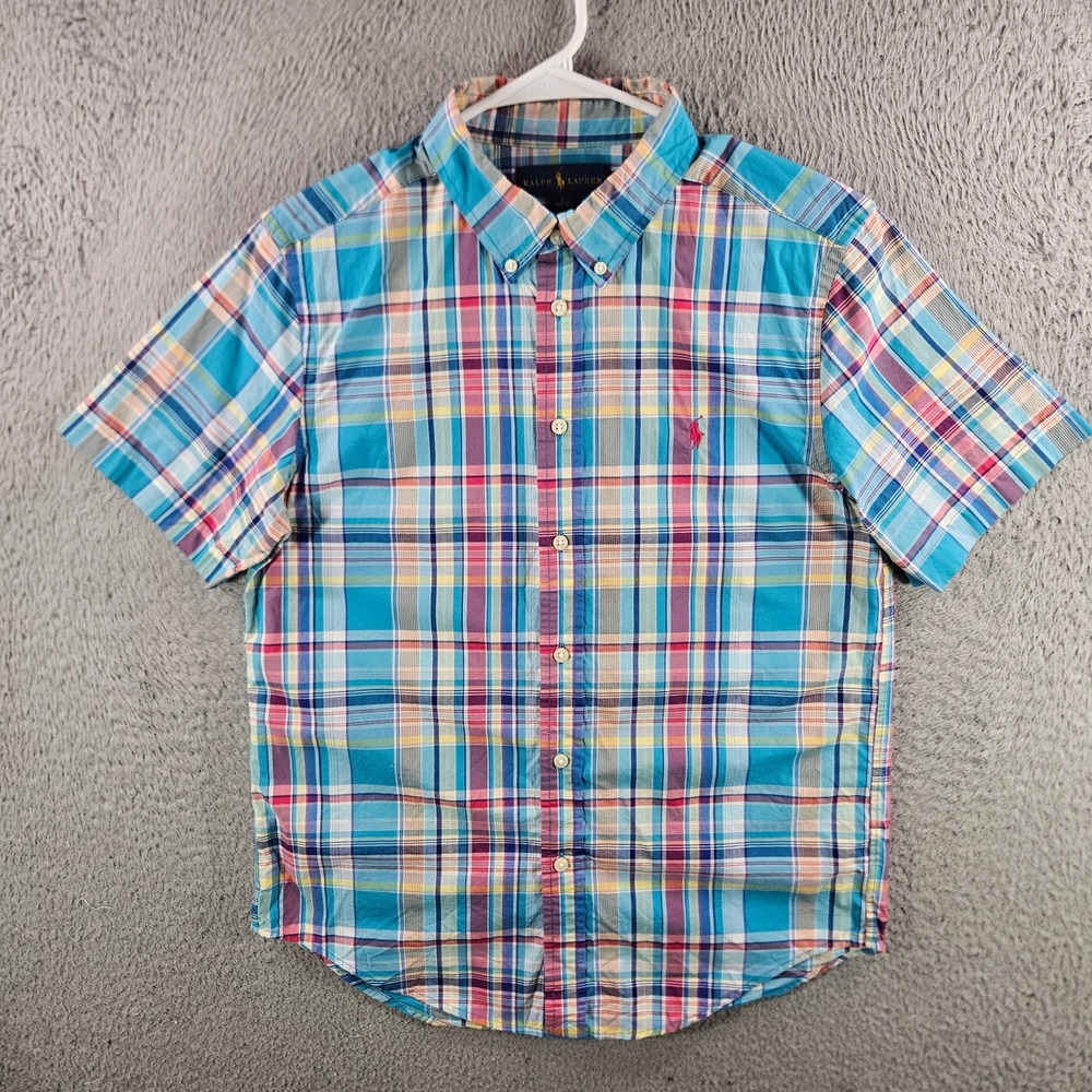 Ralph Lauren Boys L 14-16 Plaid Short Sleeve Button Down Shirt Blue Pink Cotton
